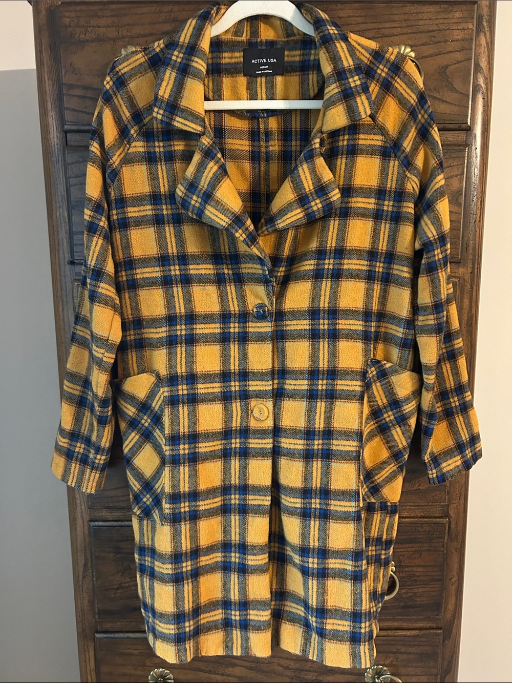 Active USA Yellow & Navy Plaid Pea Coat, Size M